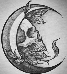 a drawing of a skull with leaves on it's head in the shape of a crescent