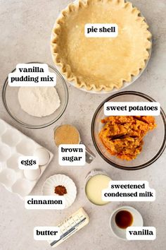 ingredients for pie laid out on top of a white counter with words describing the ingredients