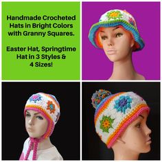 Handmade Crocheted Beanie Hat, Bucket Hat, Hat with Earflaps.  Choice of 3 Styles, 4 Sizes.  Each hat features Granny Squares with acrylic yarns in Bright Colors that "pop" against a white background.  Colors include Yellow-Gold, Orange, Hot Pink, Lavender, Aqua, Blue & Green.    These one of a kind hat will get you noticed and make unique gifts.  Perfect headwear for Easter, Springtime!  Attachments to the top of each style hat are optional (see listing pictures and PERSONALIZATION below) and include a multi-colored pom pom OR multi-colored braids OR nothing. To complete your order, please make the following 3 choices: 1. Choose a STYLE: Bucket/Brimmed Hat Beanie Hat Hat with Ear Flaps 2. Choose a SIZE:  This hat is offered in 4 sizes.  Measure your head circumference at the widest part, Bristol Tn, Crocheted Beanie, Hat With Ear Flaps, Colored Braids, Easter Hats, Crocheted Hat, Brimmed Hat, Pink Lavender, Ear Hats