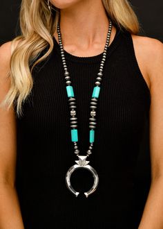 We are in love with this beautiful necklace, It is a 32" Faux Navajo Pearl and Turquoise Necklace with Large Pendant. Red Hoop Earrings, Authentic Turquoise Jewelry, Turquoise Fashion, Grit And Grace, Navajo Pearls, The Fort, Western Jewelry, Wallet Accessories, Jewelry Companies