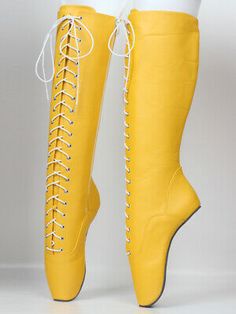 (eBay) 18cm High Heel Ballet Fetish Heelless Heels Yellow Knee High Boots Heelless High Heels, Heels Yellow, Shoes Tie, Ballet Boots, Yellow Boots, Power Puff, Puff Girl, Yellow Silk, Batgirl