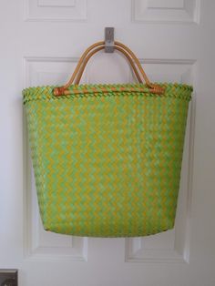 "Cappelli Strawworld faux straw bag, tote, beach bag, market bag, green and yellow with bamboo handle. Excellent, barely used vintage condition. Measures approximately 18\"W at top x 14\" high (not including handles) x 6\" deep at base" Green Bag With Bamboo Handle For Daily Use, Handmade Green Straw Bag For Beach Season, Green Double Handle Beach Bag For Vacation, Casual Green Straw Beach Bag, Green Woven Straw Bag With Double Handle, Green Summer Straw Bag With Braided Handles, Eco-friendly Yellow Straw Bag With Braided Handles, Green Straw Bag With Braided Handles For Summer, Green Basket Beach Bag For Daily Use