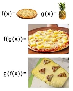 three different types of pizzas are shown in the same picture, one is pineapple