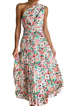 Green Boho Floral One-shoulder Sleeveless Pleated Maxi Dress Summer Vacation Pleated Sleeveless Dress, Pleated Sleeveless Dress For Summer Vacation, Summer Beach Sleeveless Pleated Dress, Pleated Sleeveless Dress For Beach In Summer, Pleated Sleeveless Beach Dress For Summer, White Pleated Sleeveless Dress For Summer, Spring Sleeveless Pleated Dress For Vacation, Spring Pleated Sleeveless Dress For Vacation, One-shoulder Sleeveless Summer Dress For Spring