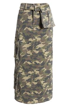 Utilitarian accents lend on-trend style to this camo-print denim skirt cut to a maxi length and detailed with a pocketed belt. Zip fly with button closure Five-pocket style; cargo flap-patch pockets Removable belt with cargo pocket 94% cotton, 5% polyester, 1% spandex Machine wash, tumble dry Imported Camo Clothes, Crochet Mini Skirt, Fringe Crochet, Printed Maxi Skirt, Camo Skirt, Side Fringe, Long Skirt Outfits, Print Denim, Denim Maxi