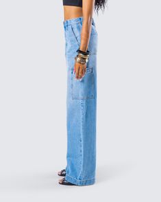 Baggy pants for the win 🙌 Made from denim fabric and featuring trouser pant detailing, a high rise fit, and wide legs - these cargos will add a touch of street chic to any look 💙 Medium Wash Wide Leg Cargo Jeans With Belt Loops, Wide Leg Cargo Jeans In Medium Wash, High Rise Denim Flare Jeans For Casual Wear, High Rise Denim Flare Jeans For Elevated Casual, Straight Leg Flare Jeans For Elevated Casual Look, Denim Blue Utility Flare Jeans With Belt Loops, Spring Utility Wide Leg Flare Jeans, Wide Leg Denim Blue Cargo Jeans With Belt Loops, Trendy Elevated Casual Cargo Jeans With Pockets