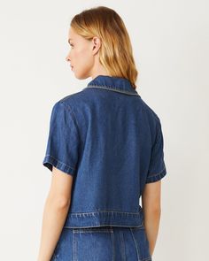 Point collar Button front Slightly cropped length 50% Tencel, 50% modal Denim Short Sleeve Shirt, Junior Girl Dresses, Active Wear Shorts, Denim Short, Dresses Kids Girl, Zip Up Hoodies, Short Shirts, One Piece Dress, Kids Tops