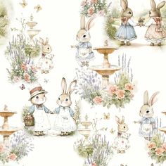 an image of rabbits in the garden with flowers and birds on it's back