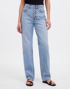 ' The fabric: old-school cotton denim with zero stretch. Light vintage wash with natural abrasion and distressing. 10 1/2' rise, 16' leg opening, 30' inseam. 100% cotton (60% of which is Regenagri certified cotton). Do Well: By buying cotton products from Madewell, you''re supporting our investment in Better Cotton''s mission to help cotton communities survive and thrive while protecting and restoring the environment. This product is sourced through a system of mass balance and therefore may not Casual Button-up Jeans For Everyday, Casual Cotton Jeans With Snap Buttons, Rigid Denim Washed Jeans, Full-length Rigid Denim Washed Jeans, Spring Washed Button-up Jeans, Full Length Rigid Denim Washed Jeans, Trendy Straight Leg Jeans With Button Closure, High Rise Washed Everyday Jeans, High Rise Washed Jeans For Everyday