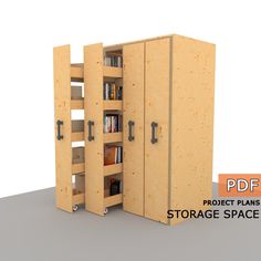 an open storage cabinet next to a book shelf with books on it and text reading project plans for storage space