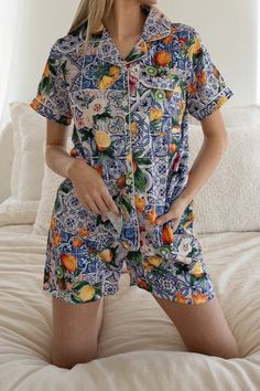 Sicilian Fruit Custom Satin Pajamas – Spikes and Seams Spring Patterned Sleepwear For Pajama Party, Patterned Sleepwear For Pajama Party In Spring, Casual Printed Patterned Sleepwear, Casual Patterned Printed Sleepwear, Casual Patterned Sleepwear, Spring Patterned Sleepwear, Patterned Spring Sleepwear, Comfortable Floral Print Sleepwear For Summer, Summer Patterned Sleepwear