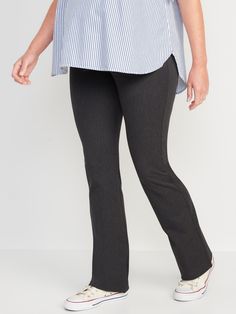 The stretchy profesh pant you love, in a just-right flare.  full-panel waistband faux fly diagonal front pockets faux welt pockets at back panel stretches over the belly fitted through hip and thigh flared leg hits below ankle 32" inseam model is approximately 5'9" and wears a size M (8)Machine wash cold, gentle cycle, line dry. Fitted Mid-rise Pull-on Dress Pants, Fitted Wide Leg Pull-on Dress Pants, Fitted Workwear Pants With Wide Waistband, Fitted Pants With Wide Waistband For Work, Fitted Flare Pants With Pockets, Non-stretch Flare Pants For Workwear, Flare Bottoms With Pockets For Workwear, Pixie Pants, Old Navy Maternity