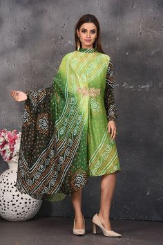 Shop stunning ombre green bandhani draped dress online in USA. Be party ready with exclusive designer wear outfits. Indian designer suits, Anarkali dresses, palazzo suits, sharara suits from Pure Elegance Indian fashion store in USA.-full view Traditional Green Knee-length Dress, Green Long Sleeve Dress For Diwali, Bollywood Style Bandhani Print Multicolor Dress, Bohemian Green Dresses For Diwali, Green Dress With Dupatta For Diwali, Bohemian Dresses For Diwali Party, Bohemian Party Dress For Diwali, Traditional Bandhani Print Party Dress, Traditional Bandhani Print Dress For Parties