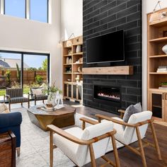 a living room filled with furniture and a flat screen tv mounted on the wall above a fire place