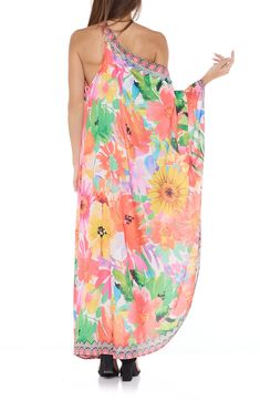 Go from beach to boardwalk effortlessly in a lightweight cover-up dress with a bold floral pattern and a one-shoulder neckline. 54" length One-shoulder neck Sleeveless 100% polyester Hand wash, dry flat Imported One Shoulder Floral Print Beach Dress, One-shoulder Floral Print Beach Dress, Spring Off-shoulder Maxi Dress For Beachwear, Spring Off-shoulder Maxi Beach Dress, Spring Off-shoulder Beach Dress, Off-shoulder Beach Dress For Spring, Off-shoulder Beach Dress Cover-up, One-shoulder Maxi Dress For Beach Season, Off-shoulder Maxi Dress For Beach In Summer