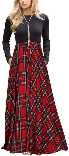 MEROKEETY Women's Plaid Long Sleeve Empire Waist Full Length Maxi Dress with Pockets Womens Plaid Dress, Pocket Maxi Dress, Maxi Dress With Pockets, Empire Waist Maxi Dress, Sundress Dress, Vintage Maxi Dress, Sleeveless Floral Dress, Long Sleeve Plaid, Maxi Wrap Dress