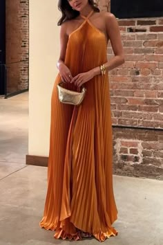 Luxurious Atmosphere Satin Halter Neck Backless A-line Gown Maxi Dress – ricidress Maxi Gown Dress, Rust Dress, Holiday Party Dresses, Backless Maxi Dresses, فستان سهرة, Mini Robes, Style Party, Loose Outfit, A Line Gown