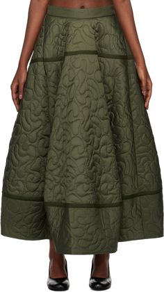 Padded and quilted nylon satin skirt. · Partially elasticized waistband · Two-pocket styling · Flared hem · Concealed zip closure at side seam · Full cotton poplin lining Supplier color: Contour quilt olive Quilted Maxi Skirt, Skirt With Yoke Pattern, Fit And Flare Skirt Pattern, Blanket Clothes, Flared Skirt Pattern, Flared Midi Skirt, Satin Slip Skirt, Poplin Skirt, Wardrobe Revamp