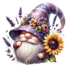 a painting of a gnome with flowers on it's head and sunflowers around his neck