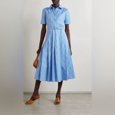 Gucci's Midi Dress Is Cut From Cotton Oxford And Jacquard-Woven With The Label's Iconic Double Gs - You'll Also See Them On The Glossy Buttons. Reminiscent Of Vintage Styles, It Has A Sharp Collar, Detachable Waist Belt And Pleated Midi Skirt. The Light-Blue Hue Will Look So Nice With Metallic Or Neutral Accessories. Fits True To Size, Take Your Normal Size Designed To Be Slightly Fitted At The Bust And Waist, Loose At The Hip Mid-Weight, Non-Stretchy Fabric Model Is 180cm/ 5’11” And Is Wearing Gucci Formal Summer Dresses, Elegant Gucci Dress For Summer, Designer Blue Formal Dresses, Designer Belted Workwear Dress, Elegant Spring Gucci Dresses, Gucci Fitted Dress For Spring, Chic Gucci Midi Dress For Formal Occasions, Gucci Knee-length Dress For Spring, Chic Gucci Midi Dress