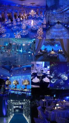 a collage of photos with blue lighting and white linens on the floor, in an elegant setting