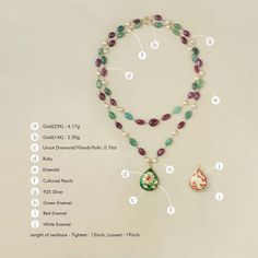 Gold(22K) : 4.17gGold(14K) : 2.50gUncut Diamond/Vilandi/Polki: 0.76ctGemstones : Emerald, Ruby, Cultured Pearls925 SilverOther : Green Enamel, Red Enamel and White Enamel Exquisite Gold Gemstones With Accents, 22k Gold Gemstone Pendant Necklace, 22k Gold Multi-stone Necklace, Gold Multi-stone Emerald Necklace Gift, Temple Jewelry Style Emerald Gemstone Necklace As Gift, Luxury 22k Gold Jewelry With Gemstone, Gold Necklace With Gemstone Accents For Festive Occasions, Emerald Necklace For Gift In Temple Jewelry Style, Gold Necklaces With Gemstone Accents For Festive Occasions