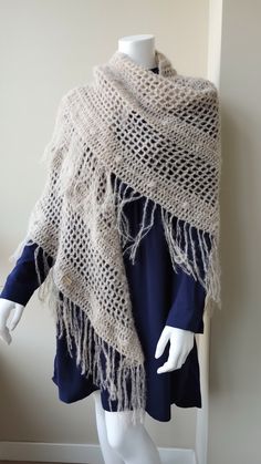 Introducing our Handmade Lightweight Fringed Crochet Shawl, a luxurious and elegant addition to your wardrobe. This beautiful shawl is made with Alpaca and Silk yarn, known for their softness and warmth.  Perfect for adding a touch of boho chic to any outfit, this beige shawl features delicate fringe detailing that adds a playful and stylish flair.  Whether you're dressing up for a special occasion or simply want to stay cozy on a chilly day, this shawl is the perfect accessory.  Handmade with l Shawl Wedding, Boho Shawl, Beige Boho, Silk Yarn, Crochet Shawl, Stay Cozy, Shawls And Wraps, Alpaca, Boho Chic