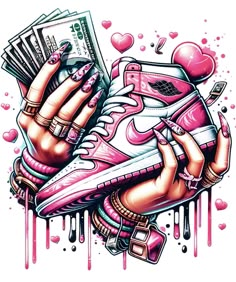 a drawing of a pair of sneakers with money in their hands and hearts on the side