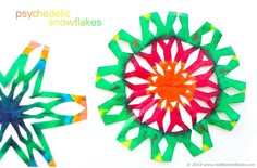 two pieces of paper that have been made to look like snowflakes, each with different colors and shapes