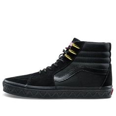 Lace up in superhero style with the Vans Marvel x SK8-HI 'Black Panther' sneaker. This dope collab celebrates some of Marvel's most iconic comics, and the Black Panther gets his due with a Triple Black color scheme in premium suede and ballistic mesh. Gold eyelets nod to the character's signature spiked necklace, while red Marvel branding adds a pop of color on the tongue. A tonal leather jazz-stripe lines the quarter panel, and a unique v-shaped design is etched on the midsole. Stand out from the crowd and lace up in these special edition kicks from Vans and Marvel. (SNKR) Sporty Vans Custom Sneakers With Rubber Sole, Sporty Custom Vans Sneakers With Rubber Sole, Vans Skate Shoes With Boost Midsole For Streetwear, Vans Urban Sneakers For Streetwear, Sporty Custom Vans Sneakers With Laces, Urban Black High-top Skateboarding Sneakers, Custom Vans Sneakers For Streetwear, Vans Custom Sneakers For Streetwear, Urban Black Vans Sneakers