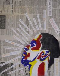 a collage of newspaper pages with an image of a man's head in the middle