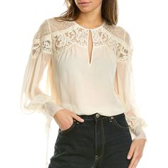 Silk Chiffon Blouse With An Intricate Wraparound Lace Insert At Chest And Self-Tie Sleeve Cuffs. V-Neck With Button Closure Semi-Sheer Sleeves With Self-Tie Cuffs Shirttail Hem Pullover Style 100% Silk Hand Wash Imported Designed For A Relaxed Fit Feminine Lace Top With Sheer Sleeves, White Chic Lace Top With Sheer Sleeves, Chic White Lace Top With Sheer Sleeves, Feminine Tops With Lace Sleeves For Work, Elegant Spring Lace Top For Daywear, Chic White Blouse With Lace Sleeves, Elegant Lace Top For Spring Daywear, Spring Tops With Lace Sleeves For Work, Spring Workwear Blouse With Lace Sleeves