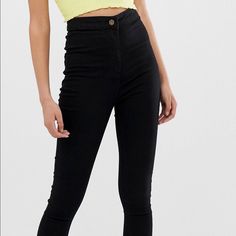 Collusion Skinny High Waisted Jegging In Black. Ordered From Asos. Slim Stretch Bottoms For Workwear, High Rise Black Slim Fit Bottoms, High Rise Slim Fit Black Bottoms, Trendy Fitted Slim Pants, Chic Slim Bottoms For Fall, Trendy Tight High Waist Bottoms, Chic Slim Fall Bottoms, Black Slim Stretch Bottoms, Slim Black Bottoms For Workwear