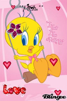 a cartoon bird sitting on top of a swing with the words tweety above it