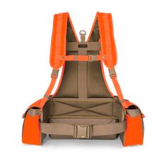 an orange backpack with straps on the front and back, sitting against a white background