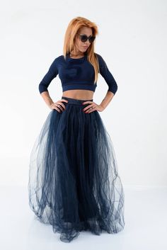 "* High Waist * No Pockets * Floor Length * Made to order * Model is 1.64cm (5ft 3\") tall, 50 kg (110Lbs) and wears size Small * Hand wash cold and hang dry, do not bleach *Because of the high waist, for this style skirt is REALLY important to know the exact measure of the natural waist. If you choose an inch smaller or bigger, there is a risk not to fit you right. If you know your waist measurement, PLEASE, write it in notes from buyer! SIZE CHART SIZE XS US/Canada 2 UK 4 Europe 32 Australia 6 Evening Long Tulle Skirt Bottoms, Fitted Midi Tulle Skirt, Stretch Full Tulle Maxi Skirt, Blue Tulle Maxi Skirt For Party, Blue Tulle Party Maxi Skirt, Party Blue Tulle Maxi Skirt, Fitted Tulle Skirt Bottoms For Evening, Elegant Long Skirt Petticoat For Prom, Chic Tiered Prom Skirt