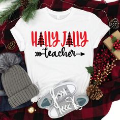 Teacher Christmas Shirt, Holly Jolly Teacher Shirt Super Mom Shirt, Personalized Christmas Shirts, Teacher Gift Christmas, Christmas Shirt Ideas, Teaching Shirts, Cricut Shirts, Fun Shirts, Shirts To Make, Christmas Truck