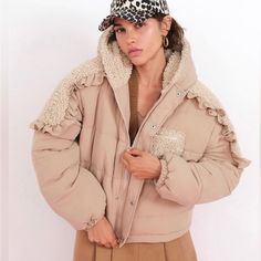 Size Xl Nwot For Love & Lemons Hooded Ruffles Faux Sherpa Puffer Coat. Never Worn. Adorable Style. Hooded Beige Puffer Outerwear, Beige Winter Puffer Jacket With Detachable Hood, Beige Puffer Jacket With Detachable Hood For Winter, Beige Long Sleeve Puffer Hooded Jacket, Beige Puffer Hooded Jacket, Cozy Puffer Jacket For Cold Weather With Pockets, Oversized Beige Outerwear With Detachable Hood, Winter Beige Puffer Hooded Jacket, Beige Puffer Hooded Jacket For Winter