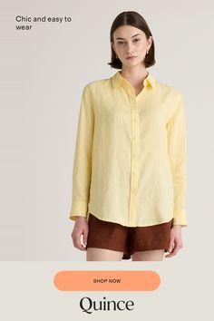 The wash, dry, and go linen shirt you've been waiting for. Chic yet casual, this classic button-up is a true wardrobe essential. Did we mention, it goes with just about everything? Including our organic linen pants.  | Quince | Women's Long Sleeve Shirt in Soft Yellow, Size Large, Linen Yellow Relaxed Fit Linen Shirt, Yellow Spread Collar Shirt For Work, Yellow Workwear Tops With Button Cuffs, Yellow Tops With Button Cuffs For Work, European Linens, Soft Yellow, Organic Linens, Womens Long Sleeve Shirts, Linen Women