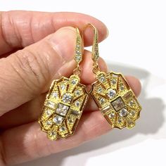 "A pair of Gatsby Art Deco wedding bridal earrings with 1920s vintage style wedding inspired geometric details. These stunning, lightweight earrings are made of sparkly clear cubic zirconia with silver rhodium white or yellow or rose gold plated tarnish-resistant hooks. Earrings are about 1 3/4\" (4.5cm) with hooks. * We offer 2 earring lengths of the same design. Listed here are the shorter ones. View matching pieces or similar designs at https://etsy.me/2Mu6wjC Matching brooch pin at https://e Art Deco Dangle Earrings For Vintage Events, Art Deco Dangle Jewelry For Vintage Events, Art Deco Earrings For Vintage Events, Vintage Chandelier Earrings For Anniversary, Art Deco Dangle Bridal Earrings For Anniversary, Art Deco Bridal Dangle Earrings For Anniversary, Vintage Crystal Drop Earrings For Anniversary, Art Deco Chandelier Earrings For Formal Occasions, Art Deco Dangle Bridal Earrings For Formal Occasions