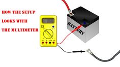 an electronic device connected to a battery with the words how the setup looks with the multimeter