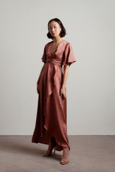 Rose Gold Maxi Dress - Satin High Low Dress - Fluter Sleeve Dress Silk V-neck Maxi Dress For Prom, Pre-draped Satin Maxi Dress, Evening Satin Finish Maxi Dress, Floor-length Satin Maxi Dress With Satin Finish, Satin Finish Maxi Dress For Evening, Satin Finish Maxi Dress For Prom, Silk Maxi Dress With Satin Finish And V-neck, Satin Finish Floor-length Maxi Dress, Chic Satin Finish Maxi Dress For Spring