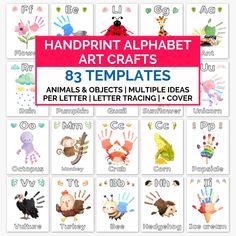 handprint alphabet art crafts for kids with animals and letters