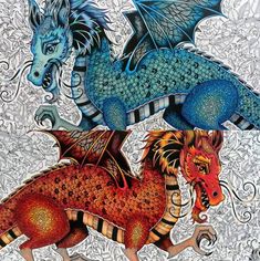 two blue and red dragon are depicted in this artistic painting by artist susan grisell