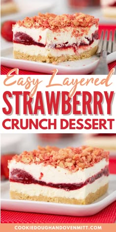 easy layered strawberry crunch dessert on a white plate