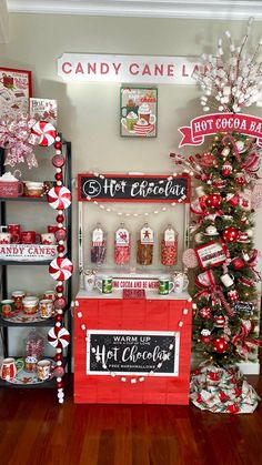 candy cane display in the corner of a store