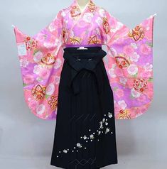 Pale pink & purple floral Japanese Kimono set that includes everything you need.  From Kimono robe to hakama pant to obi belt and sashes...we've got you covered! This kimono set would be a perfect for your Graduation ceremony, any events, party, wedding, ect... Item: Furisode Kimono & Hakama , Obi, Jyuban set frn162 Size: US Free size / Kimono Weidth 26.7inch (68cm), Length 43inch (110cm) Hakama : Please pick your size, M: 35.8inch (91cm) length: suitable height 60inch-62.9inch (153cm -160cm) L Fitted Black Traditional Kimono, Festive Pink Traditional Kimono, Traditional Black Kimono With Floral Print, Traditional Pink Summer Kimono, Hakama Pants, Furisode Kimono, Japanese Furisode Kimono, Obi Belt, Cotton Kimono