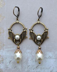 Art Nouveau Art Deco Swarovski Crystal Pearl Bridal Earrings - Etsy Vintage Antique Gold Jewelry With Historical Design, Vintage Brass Jewelry With Historical Design, Antique Finish Drop Earrings For Wedding, Antique Finish Bronze Wedding Earrings, Antique Brass Chandelier Earrings, Vintage Earrings With Historical Design, Vintage Pearl Drop Jewelry For Vintage Events, Antique Wedding Earrings With Historical Design, Wedding Earrings With Antique Finish