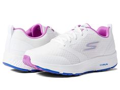 SKECHERS Go Run Consistent - Intensify - Women's Shoes : White/Purple : Work out with full intensity wearing the SKECHERS Go Run Consistent - Intensify Shoes. Textile and synthetic upper. Textile lining and insole. Cushioned midsole. Air-Cooled Goga Mat breathable insole gives high cushioning. Ortholite comfort foam insole layer. Breathable mesh. Pull tab for easy on/off. Lace-up closure. Signature brand logo detailing on upper. Synthetic outsole. Imported. Measurements: Weight: 8 oz. Measuremen Sketchers Women Shoes, Skechers Shoes Women Skechers Usa, Women Skechers Shoes, Synthetic Sneakers With Gel Cushioning And Round Toe, Sporty Ergonomic Walking Shoes In Synthetic Material, White Sneakers With Gel Cushioning And Round Toe, Ergonomic Sporty Synthetic Walking Shoes, Comfortable Sneakers With Gel Cushioning For Light Sports, Athletic Fit Air Max Cushioned Walking Shoes