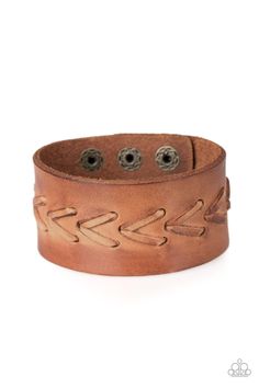 Brown leather laces are threaded down the center of a distressed leather band for a rugged look. Features an adjustable snap closure. Color may vary. Sold as one individual bracelet. Brown Bracelet, Men's Bracelets, Turquoise Bead Bracelet, Rugged Look, Purple Pearl, Purple Rhinestone, Rhinestone Heart, Paparazzi Accessories, White Rhinestone